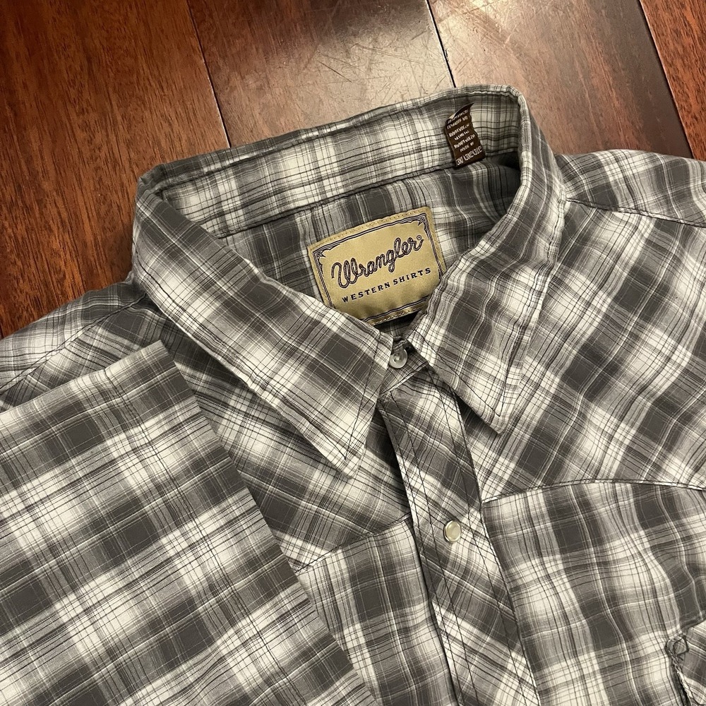 Wrangler Shirt Men 3XL White‎ Gray Pearl Snap Preppy Casual American Cowboys